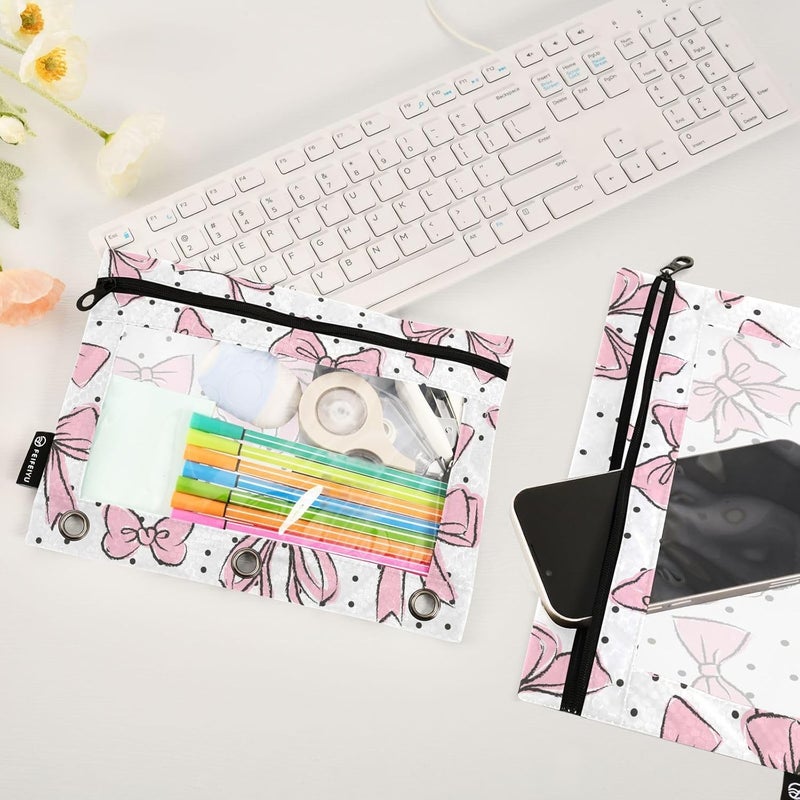 BOENLE Cute Bows Pink Pencil Pouch for 3 Ring Binder, 2 Pack Waterproof Pencil Bags Clear Window Zipper School Office Supplies - Image 5